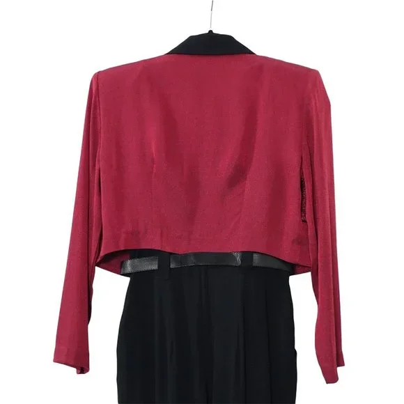 Black Wine Jumpsuit, with Cropped Jacket, Jaquard Floral Pattern, by Dawn Joy II - Picture 4 of 10